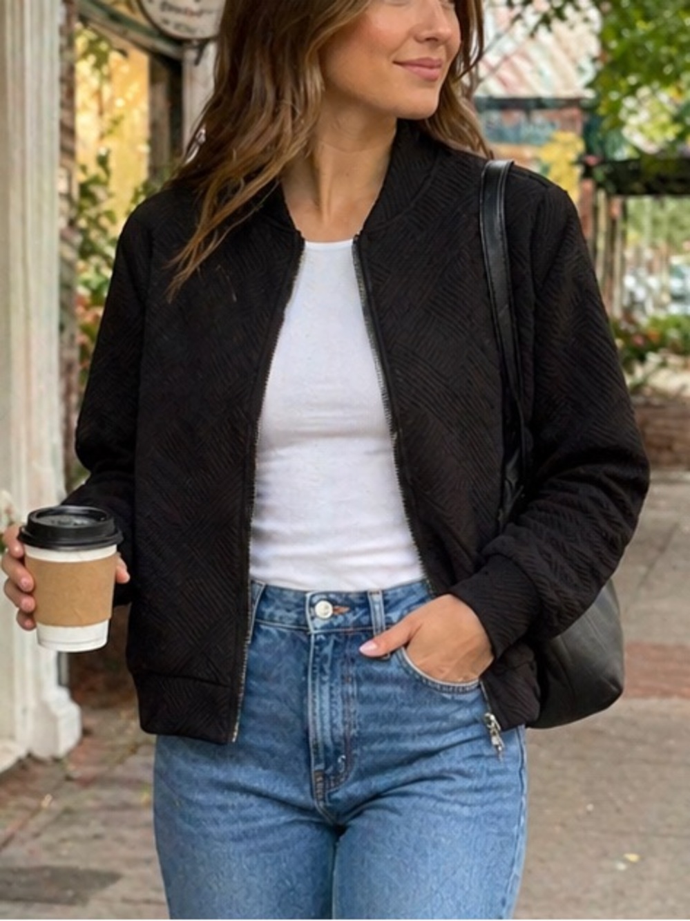 Classic Black Bomber Zip Up Jacket Geometric Pattern